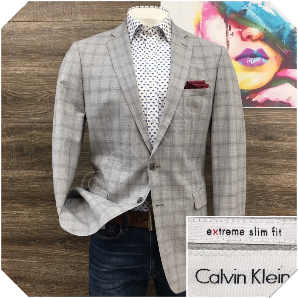 CALVIN KLEIN Mens Wool Blazer Sport Coat Casual Jacket Size 44L Slim Fit Suit